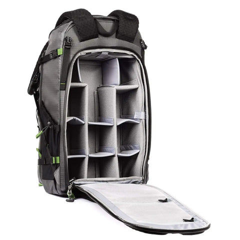 Open BackLight Elite 45L Camera Daypack For DSLR And Mirrorless Gear, Photo And Video Ready, Rugged Grey, compartments shown
