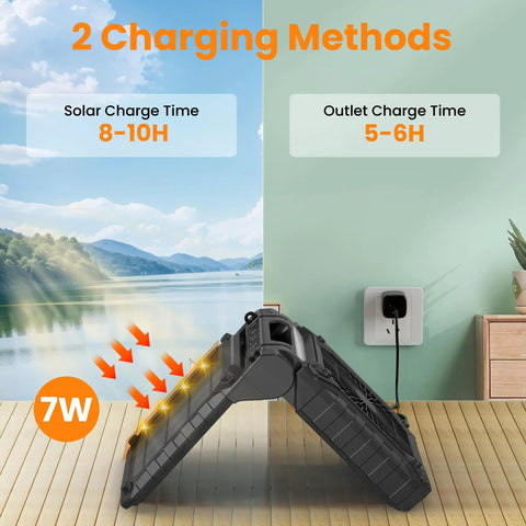 10.2 Inch Solar Camping Fan With Light Rechargeable Battery showing solar and outlet charging methods on wooden floor.