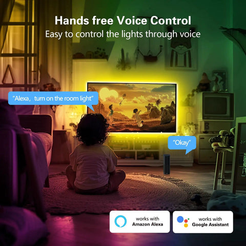Child using 50 Feet LED Strip Lights With App Control And Remote, Music Sync RGB Color Changing LED Strips For Bedroom with Alexa voice control.