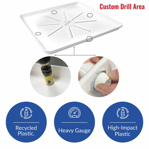 Built Tough Washing Machine Drain Pan With 1 Inch Drain Adapter Included, white recycled plastic tray details and features