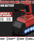 Cordless Metal Shear Tool Only For Pros compatible with Milwaukee 18V battery, visual of battery section with safety features displayed.