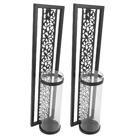 Vintage Hollow Out Metal Wall Sconce Kit Two Piece Candle Holder Set With Glass Covers For Living Room Bedroom Bathroom And Dining Area Easy Install Iron Wall Decor, black iron pair