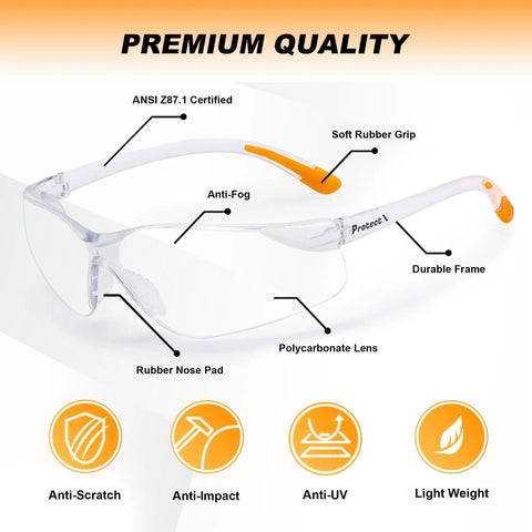 12-Pack Anti Fog Scratch Resistant Safety Glasses For Men And Women With Wraparound Clear Lenses Non Slip Orange Rubber Grips Lightweight Polycarbonate Frames ANSI Z87.1 Rated For All Day Work