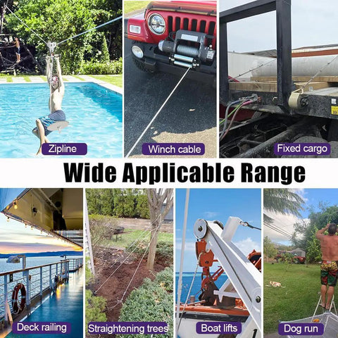 Stainless Steel Cable Kit 1 Quarter Inch 25ft Aircraft Wire Rope with uses in zipline, winch, cargo, deck railing, boat lifts, dog run.