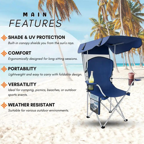 Portable Folding Camping Chair With Detachable Canopy Shade For Outdoors Beach And Lawn, navy chair on sand