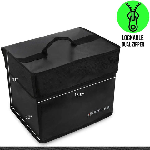 Ultra Lightweight Fireproof Document Safe Under 2 Lbs Portable Home Security Safe With Lockable Zipper Water Resistant Holds Files Binders And Important Papers Compact 13.5x11x10 Inch Design 0.77 Cu Ft Capacity, black, with size labels