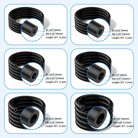 Six Piece Five Foot Silicone Vacuum Hose Kit With Six Diameters From One Eighth To Three Eighth Inch And One Hundred Thirteen Nylon Connectors For Automotive, Marine, And Industrial Vacuum Line, Turbo, Cooling, And HVAC Tubing six coiled hoses.