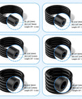 Six Piece Silicone Vacuum Hose Kit High Performance Tubing Set For Automotive And HVAC 130 PSI Max 5 Feet Each Inner Diameters 1/8, 5/32, 3/16, 1/4, 5/16, 3/8 Inches Black shown with dimensions.