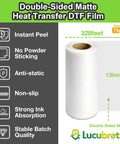 DTF Transfer Film Roll 13 Inch By 328 Feet With Premium Double Side Matte Clear Pretreat Sheets For PET Heat Transfer Paper DIY