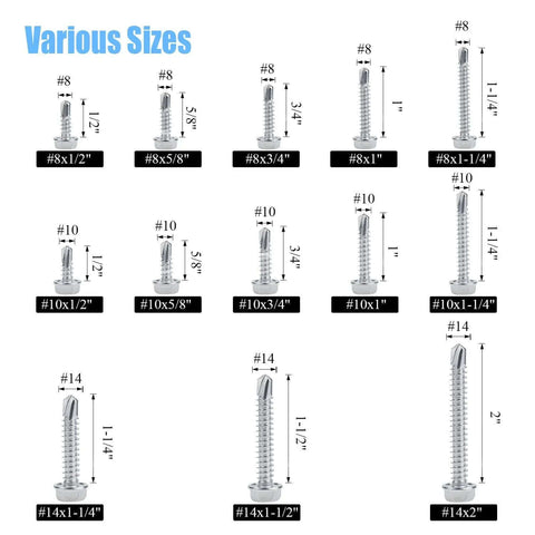 320 Piece 410 Stainless Steel Hex Washer Head Self Drilling Sheet Metal Screws Assortment Kit size chart with various screws