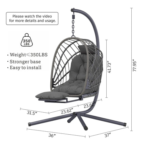 Outdoor Egg Swing Chair With Stand And Footrest, Cozy Patio Hanging Rocking Chair With Cushion, Indoor Or Outdoor Use, dimensions display