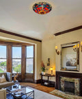 Lit Tiffany Style Stained Glass Ceiling Light 3 Lights 16 Inch Flush Mount Fixture for Bedroom Dining Living Room Entryway Foyer