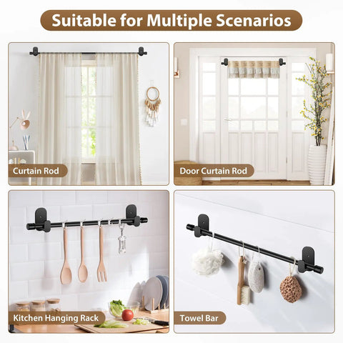 No Drill Curtain Rods For Windows 32 To 86 Inches Five Eighths Inch Adjustable Drapery Rod With Strong 3M Adhesive Mounts Renter Friendly Fits 55 To 82 Inches 4.5 To 6.8 Feet Great For Lightweight Curtains Black shown as versatile rod for curtains, kitchen, and towels.