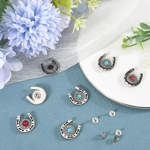 Knockout Western Horseshoe Screw Back Conchos 19mm Turquoise Gemstone Alloy Rivets on a table with flowers.