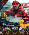 Handheld Steam Cleaner With 2500W High Pressure For Deep Cleaning Floors Kitchen Tile And Bathroom Grout Includes 14 Accessories For Car Detailing in use on a car engine.