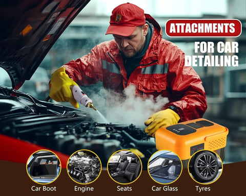 Handheld Steam Cleaner With 2500W High Pressure For Deep Cleaning Floors Kitchen Tile And Bathroom Grout Includes 14 Accessories For Car Detailing in use on a car engine.