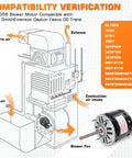 Compatibility diagram for Rugged Half HP Blower Motor 1075 RPM 3 Speed 115V 8A, including model numbers and airflow paths.