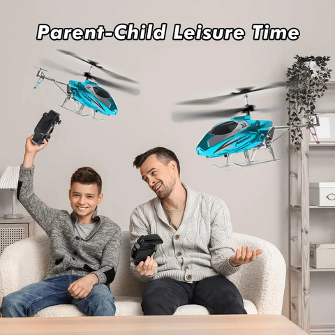 Father and son playing with Indoor 2.4G RC Helicopter With LED Lights And Altitude Hold For Kids 12 Plus And Adults.