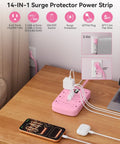 Pink 5 Foot Extension Cord With Surge Protector Six USB Ports Super Handy Three USB C Quick Charge Ports And Three USB A Smart Charging Tech Cute Kawaii Style For Home Office Desk Setup And TV Stand, pink 14-in-1 power strip on desk