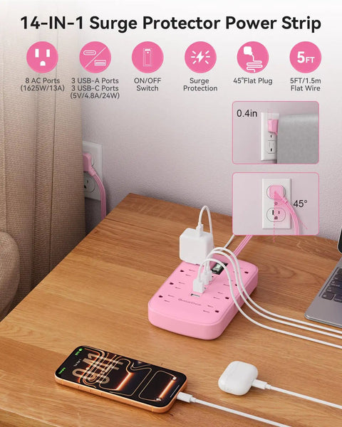 Pink 5 Foot Extension Cord With Surge Protector Six USB Ports Super Handy Three USB C Quick Charge Ports And Three USB A Smart Charging Tech Cute Kawaii Style For Home Office Desk Setup And TV Stand, pink 14-in-1 power strip on desk