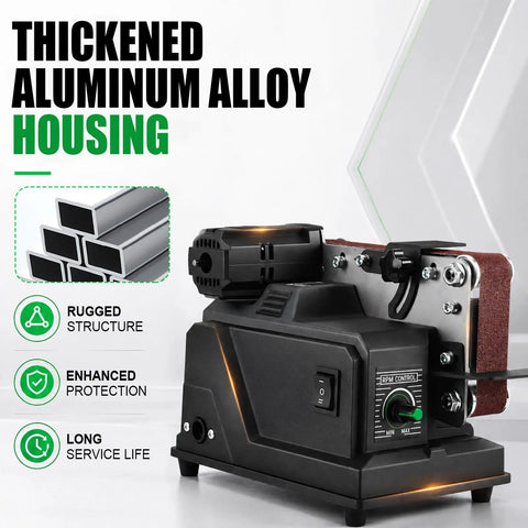 Compact Mini Bench Belt Sander With 10m/s High Speed For Multi Material Finishing, showcasing thickened aluminum alloy housing.