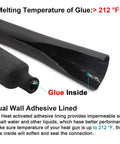 Close-up of black dual wall adhesive heat shrink tubing showing glue inside, labeled melting temperature over 212°F.