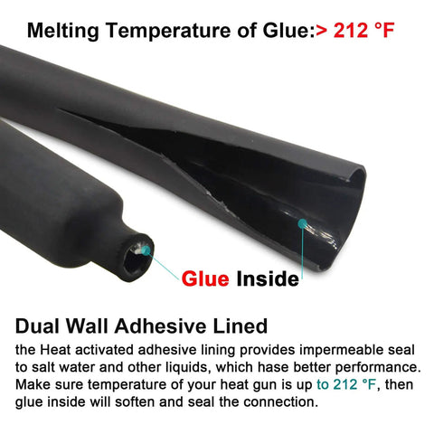 Close-up of black dual wall adhesive heat shrink tubing showing glue inside, labeled melting temperature over 212°F.