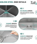 Slick Smart Waterfall 30 Inch Drop In Kitchen Sink details showing R10 corners, X-shape grooves, and scratch-resistant surface
