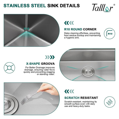Slick Smart Waterfall 30 Inch Drop In Kitchen Sink details showing R10 corners, X-shape grooves, and scratch-resistant surface