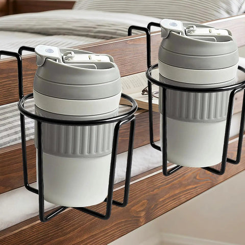 Stainless Steel Cup Holder Stand for Kitchen Counter and Outdoor Adventures with two gray cups on wooden surface.