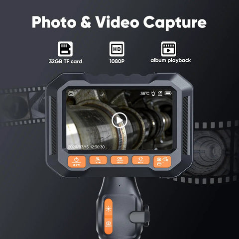 Two Way Articulating Borescope With Light For Tight Spaces Go To Tool 210 Degree Sweep Endoscope Camera 1080P With 4.3 Inch IPS Screen 32GB TF card and playback