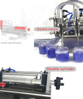 Heavy Duty Double Head Pneumatic Bottle Filler With Stainless Steel Body For Oils Liquids And Paste, Hella Flexible Controls And Built Like A Tank To Crush Daily Bottling Tasks Effortlessly, showing dual nozzles dispensing into jars.