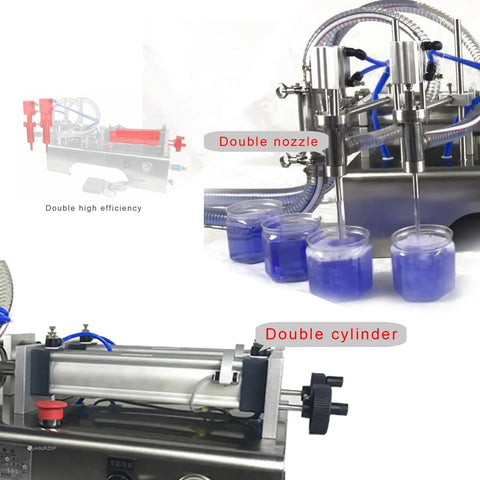 Heavy Duty Double Head Pneumatic Bottle Filler With Stainless Steel Body For Oils Liquids And Paste, Hella Flexible Controls And Built Like A Tank To Crush Daily Bottling Tasks Effortlessly, showing dual nozzles dispensing into jars.