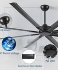 Close-up of 84 Inch HVLS Industrial Ceiling Fan With Heavy Duty Aluminum Blades Rust Proof Coating showing DC motor and components.