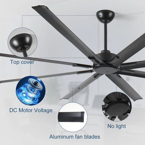 Close-up of 84 Inch HVLS Industrial Ceiling Fan With Heavy Duty Aluminum Blades Rust Proof Coating showing DC motor and components.