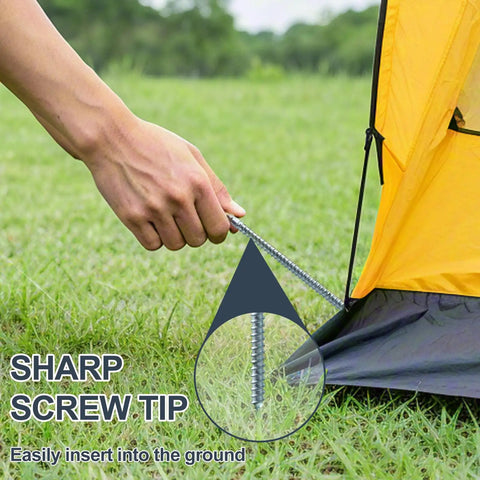 Using Heavy Duty Screw In Tent Stakes Eight Inch Ground Anchors Metal Stakes For Camping Includes Hex Head Driver And Sturdy Storage Bag 20 Pack Bright Orange Finish to secure a tent on grass.