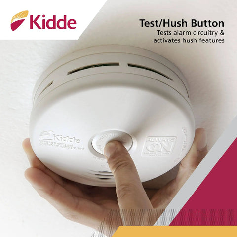 Close-up of 2-In-1 Smoke And Carbon Monoxide Detector Combo With 10 Year Battery installed, featuring test-hush button.