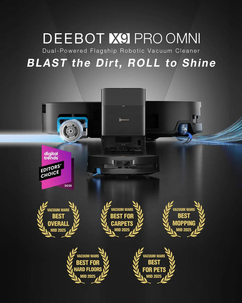 Deebot X9 Pro Omni Robot Vacuum And Mop With Beastly 16,600 Pa Suction for Deep Carpet Cleaning, front view with awards.