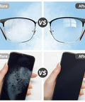 Comparison of eyeglasses and phone screen before and after using Keychain Glasses Cleaner Microfiber Cleaning Cloths For Eyeglasses And Sunglasses With Portable Neoprene Pouch On The Go Reusable For Jewelry And Electronics Black 2 Pack