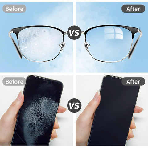 Comparison of eyeglasses and phone screen before and after using Keychain Glasses Cleaner Microfiber Cleaning Cloths For Eyeglasses And Sunglasses With Portable Neoprene Pouch On The Go Reusable For Jewelry And Electronics Black 2 Pack