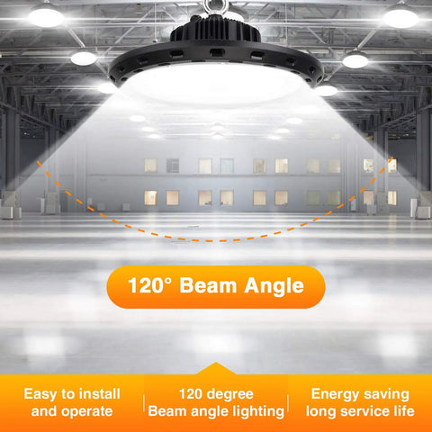 Ultra Bright 150W UFO LED High Bay Light 22,500 Lumens 5000K Daylight in warehouse showing 120° beam angle
