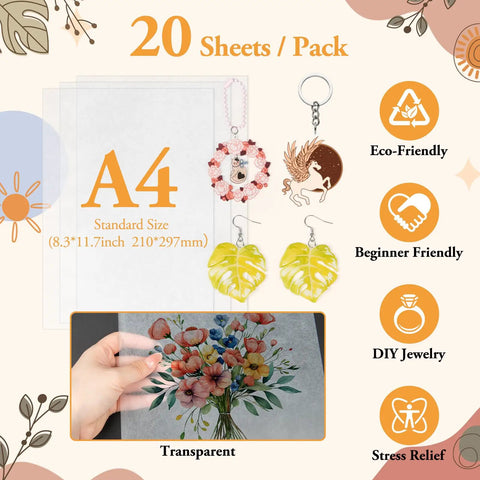 Super Slick Printable Shrink Plastic Sheets A4 Size 20 Pack Real Deal Heat Shrink Film for Inkjet Printers and Art Markers Easy DIY Craft Projects Totally Dope And No Hassle Clear Finish with floral design.