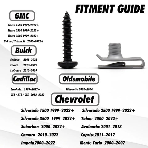 Eight Set Solid As A Rock Black Tail Light Screws And Nuts Top Shelf Replacement Hardware For 1999 To 2022 Chevy Gmc Cadillac Buick Pontiac Zero Hassle Rust Proof Bolt Kit fitment guide.