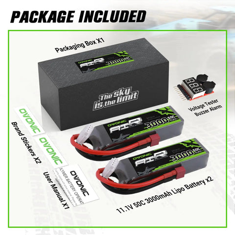 3S 11V 3000mAh LiPo Battery 50C with Dean Style T Connector for RC plane, helicopter, quadcopter, car, boat, 2 pack includes voltage checker