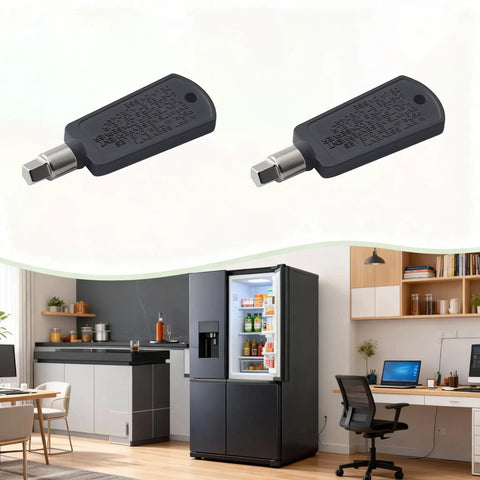 Top Tier 2 Pack Universal Mini Fridge Lock Freezer Door Key Replacement Set features heavy-duty pentagonal keys in a modern kitchen.