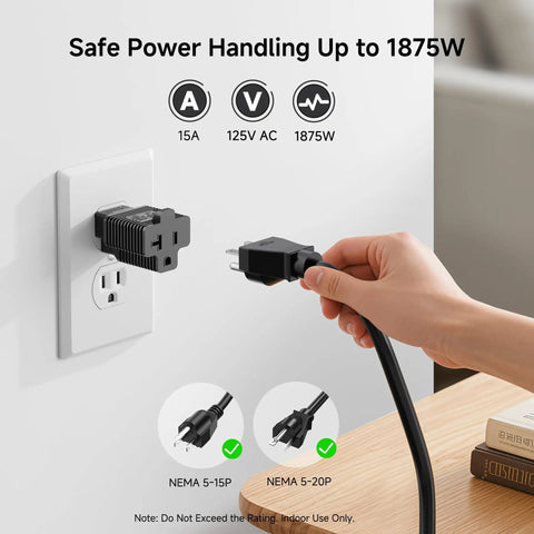 3 Pack 20 Amp To 15 Amp Plug Adapter For NEMA 5-20R Receptacles Converts A Standard 125V 15 Amp Outlet Into A 20 Amp Connection Black 3 Prong