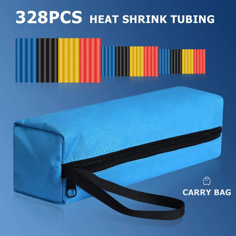 328PCS heat shrink tubing set with colorful sleeves and blue carry bag