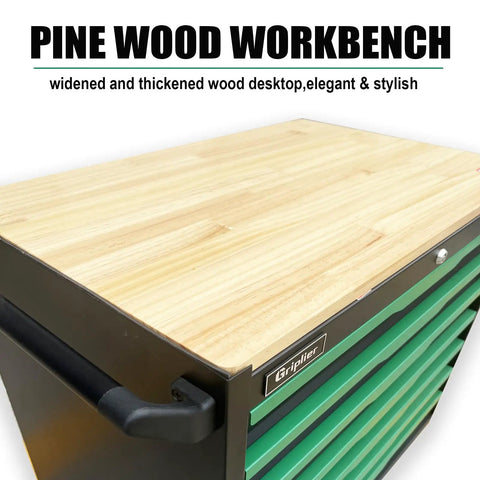 7 Drawer Tool Chest With Wood Top Locking Rolling Cabinet On Wheels For Garage And Workshop Central Locking System With One Key Keeps All Drawers Secure Durable Black And Green Cabinet For Mechanics And DIYers pine wood workbench top