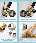 Brushed Gold Kitchen Faucet With Pull Down Sprayer, showing dual nozzle design and dishwasher connection feature.