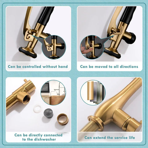 Brushed Gold Kitchen Faucet With Pull Down Sprayer, showing dual nozzle design and dishwasher connection feature.